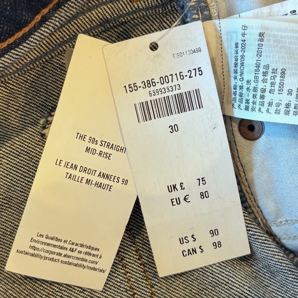 NWT Abercrombie Fitch Curve Love 90s Straight Jeans Mid Rise Dark Women Size 30 - Picture 7 of 11